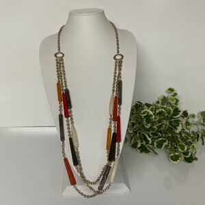 Chicos Long Layered Beaded Necklace Gold Tone Earthy Boho Chic
